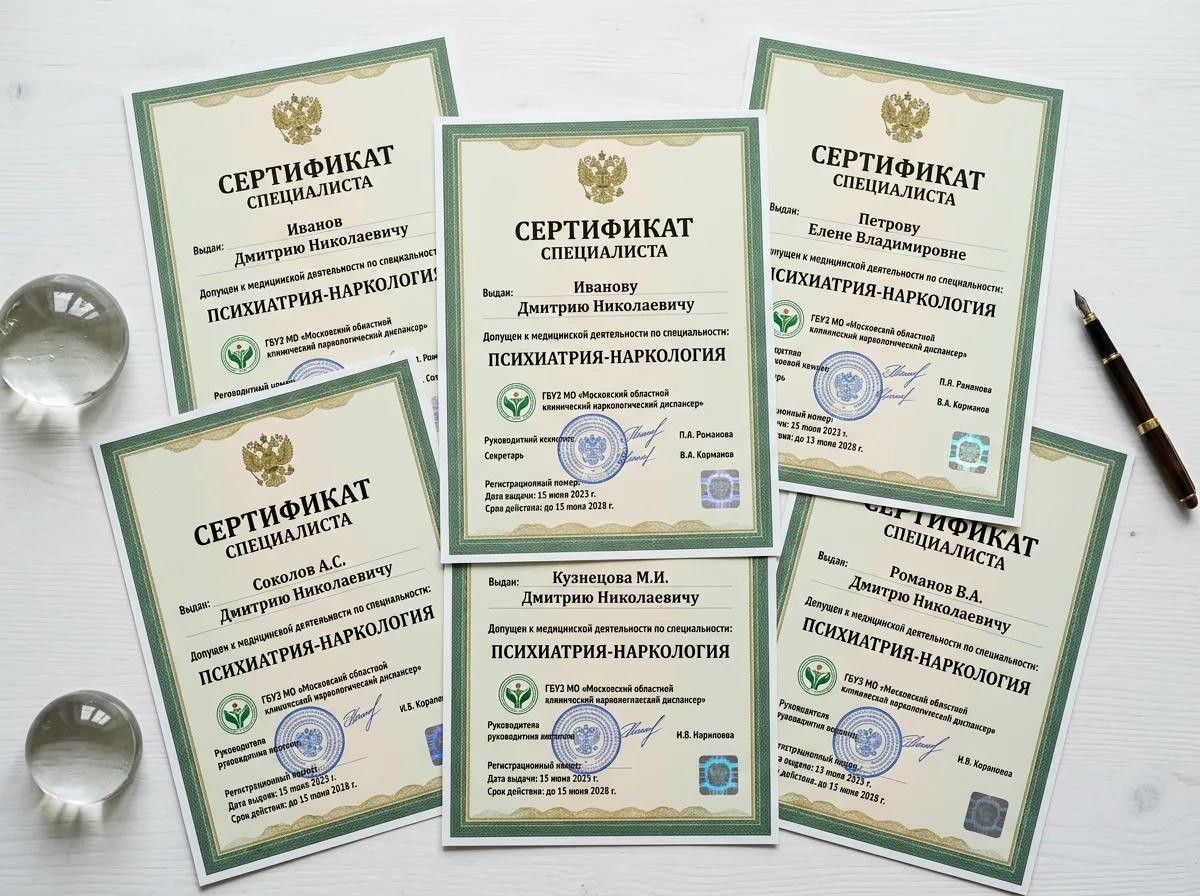 Сертификаты специалистов-наркологов медицинского учреждения, несколько документов на белом фоне, профессиональная медицинская квалификация